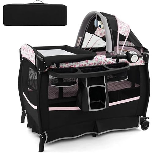 HONEY JOY Pack and Play, 4 in 1 Portable Baby Crib Playpen w/Bassinet, Changing Table, Canopy, Mattress, Music Box, Storage Bag, Foldable Pack and Play Nursery Center for Infant Boys Girls(Black)