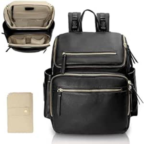Omanmoli Diaper Bag Backpack Baby Diaper Bag Leather with 17 Diaper Bag Organizing Pouches,Changing Pad,Stroller Straps,4 Insulated Pockets,Black
