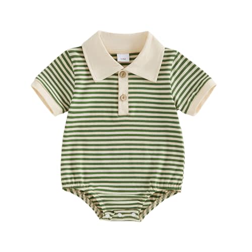 VISGOGO Baby Boy Striped Romper Waffle Short Sleeve Button Oversized Bodysuit Summer Baby Collared Onsie Polo Shirt Clothes