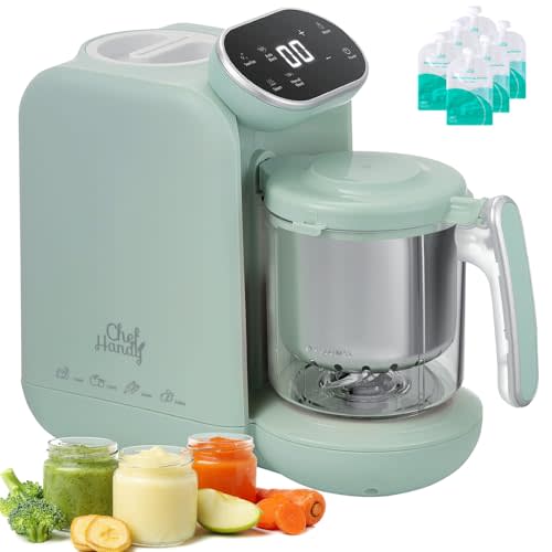 Chefhandy Baby Food Maker with Stainless Steel Steam Basket | 5-in-1 Baby Food Processor, Steamer & Blender for Homemade Baby Food, BPA-Free, 6 Reusable Pouches, Ideal for Newborns & Infants, Green