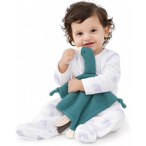 ZIGJOY Muslin Cotton Loveys for Babies Goose Baby Security Blanket, Blue