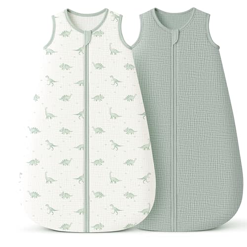 Konssy Muslin Baby Sleep Sack 0-6 Months 0.8 TOG, 2 Pack 100% Cotton Wearable Blanket for Babies, 2-Way Zipper Breathable Sleeping Sack Infant Toddler Essentials for Girls and Boys (Green Dino,Green)