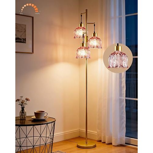 Lightdot 3-Light Flower Floor Lamps, 65'' Dimmable Floor Lamp with Rose Red Glass Shade& Bulbs Included, Mid Century Standing Lamp with 5Lbs Heavy Base for Living Room/Bedroom/Sofa Beside-Gold