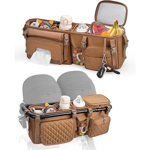 kcross Double Stroller Organizer Bag for Bob Duallie and Baby Jogger City Mini Gt2, Double Stroller Caddy Organizers with Cup Holder,Parent Console Stroller Accessories with Cooler Pockets