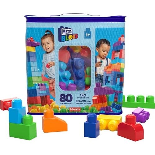 MEGA BLOKS First Builders Toddler Blocks Toys Set, Big Building Bag with 80 Pieces and Storage, Blue, Ages 1+ Years