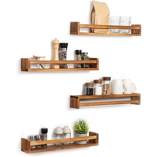 Fun Memories Nursery Book Shelves - Rustic Natural Solid Wood Floating Bookshelf for Kids - Wall Book Shelves for Kids Room (Carbonized, 24inch - 4P)