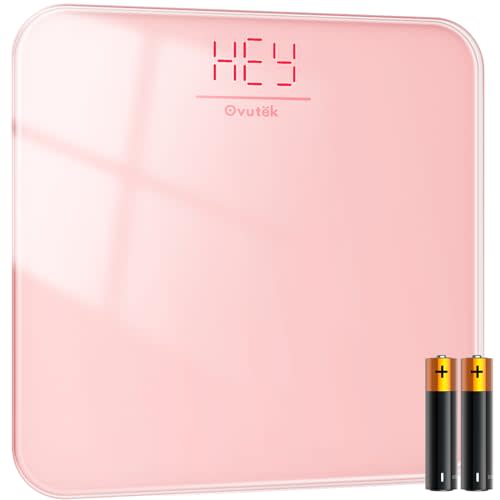 Ovutek Bathroom Scale for Body Weight, Highly Accurate Digital Weighing Machine for People, Upgraded Batteries Included, Compact Size, LED Display, High Standards Sturdy Tempered Glass, 400lb, Pink
