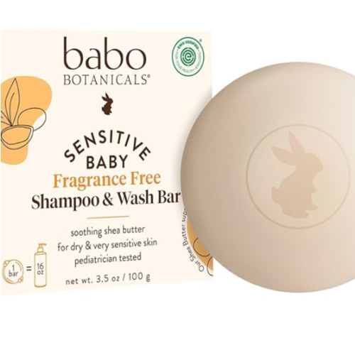 Babo Botanicals Sensitive Baby Fragrance-Free 2-in-1 Shampoo & Wash Bar - Shea Butter, Calendula & Aloe Vera - EWG Verified - Cruelty-Free - Vegan - Pediatrician Tested - For Babies & Kids