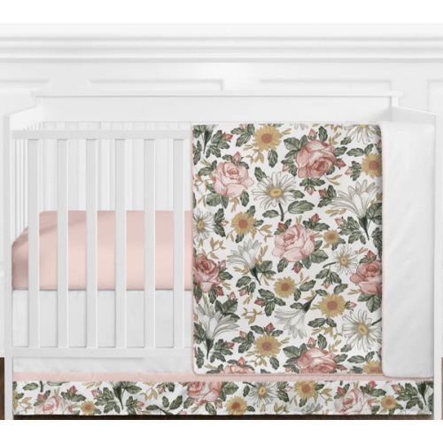 Sweet Jojo Designs Vintage Floral Boho Girl 4pc Nursery Crib Bedding Set - Blush Pink Yellow Green White Shabby Chic Farmhouse