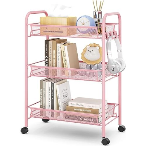 TOOLF 3 Tier Rolling Utility Cart - Durable Metal Design Pink Utility Cart, Storage Trolley on Wheels with 3 Hooks, Perfect for Kitchen, Bathroom & Laundry Room Organization