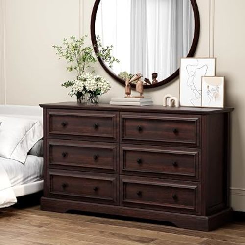 Farmhouse 6 Drawer Dresser for Bedroom, 54" Wide Wood Dresser with Natural Texture, Rustic Chest of Drawers for Bedroom with Vintage Metal Hands, for Living Room, Hallway, Cherry