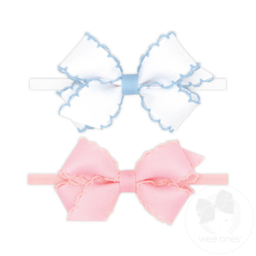 GIFT PACK! Two Mini Grosgrain Bows with Moonstitch Edge on Skinny Nylon Band - WHM/LPK | Wee Ones Hair Bows & Accessories