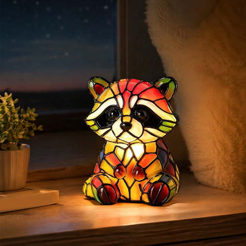 8" Tiffany Style Stained Glass Table Lamp, Cute Raccoon Night Light, Forest Animal Decorative Desk Lamp for Bedroom Kids Room Home Decor