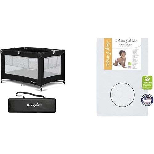 Dream On Me Zazzy Portable Playard with Bassinet in Black & Holly 3” Fiber Portable, Greenguard Gold Certified, Waterproof Vinyl Cover, Lightweight Mini Crib Mattress, White