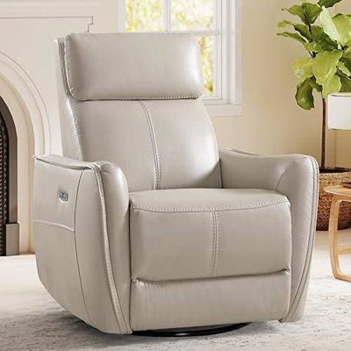 Electric Swivel Rocker Recliner Chair, Power Faux Leather Glider Rocking Recliners for Adults,360° Swivel Nursery Reclining Sofa with USB Charging Port, Beige