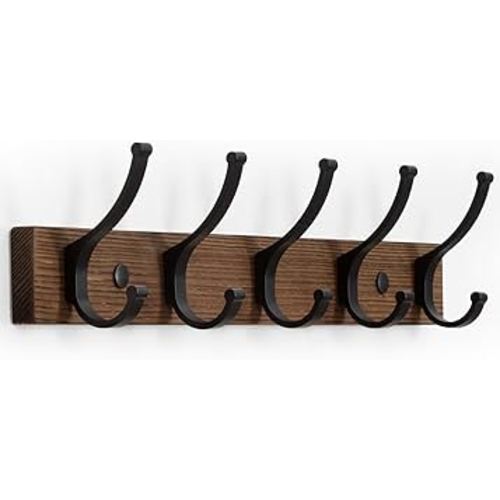 Coat Rack Wall Mount, 16.5 Inches Wood Coat Hooks, Wall Hooks for Hanging, Hat Rack Bag Hanger Key Holder for Wall, Purse Hanger Towel Racks for Bathroom (1Pack, Brown)