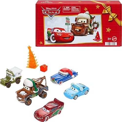 Mattel Disney and Pixar Cars Toy Multipack, Set of 5 Winter-Themed Vehicles Including a Holiday Hotshot Lightning McQueen & 2 Plastic Accessories (Amazon Exclusive)