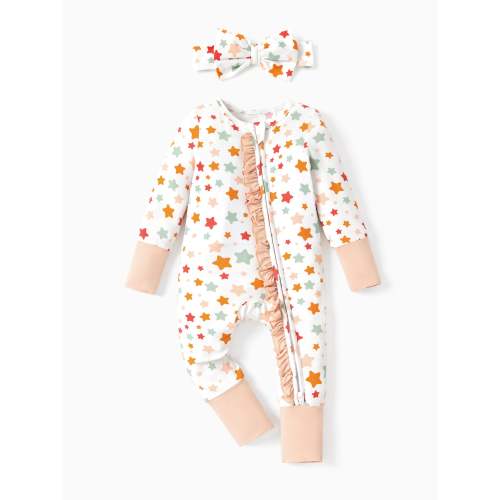 Bamboo Baby Boy/Girl Animal Printed 2-Way Zipper Anti Slip Long-sleeve Footie with/without Hairband Apricot