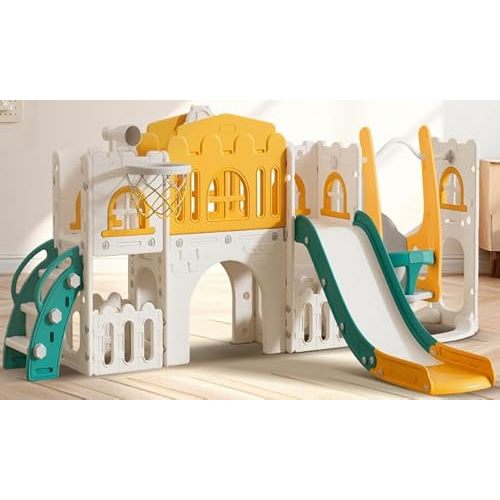 10 in 1 Toddler Slide, Age 1-3 with Swing, Basketball Hoop and Telescope, Kid Slide for Toddlers, Indoor Outdoor Playset Toddler Playground