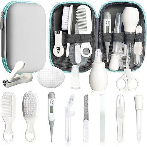 Baby Healthcare and Grooming Kit, 14 in 1 Baby Safety Set Newborn Nursery Health Care Set with Hair Brush Scale Nail Clippers for Baby Girls Boys (14 Kits Grey White)