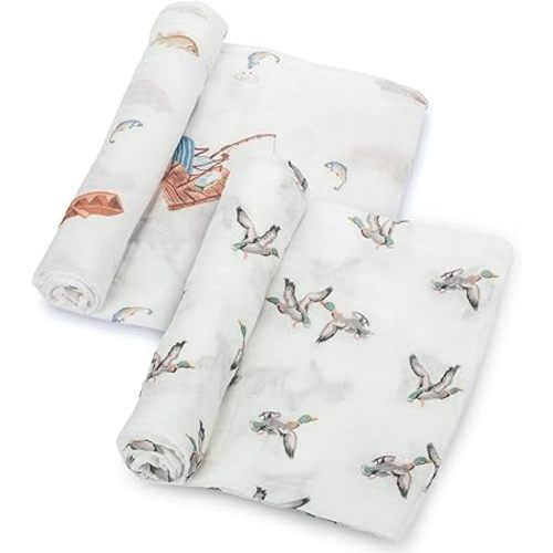 LollyBanks Muslin Swaddle Blankets 2PACK, 100% Cotton Baby Blanket 47 x 47 Inches, Large Baby Swaddle Breathable, Muslin Blankets for Boys and Girls (Mallard Duck and Fishing Print)