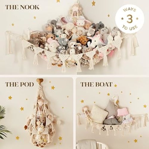 TIDYTEDS Stuffed Animal Hammock Corner | Sturdy Handcrafted Stuffed Animal Net | 4mm Double Macrame Cord Stuffed Animal Holder | Natural 100% Cotton Plushie Net | Toy Hammock w/LED Light (Ice Cream)