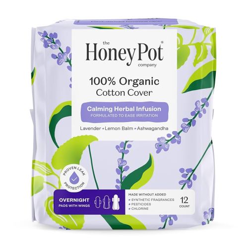 Honey Pot 100% Organic Cotton Cover Calming Herbal Infusion Overnight Pads, 12 Count