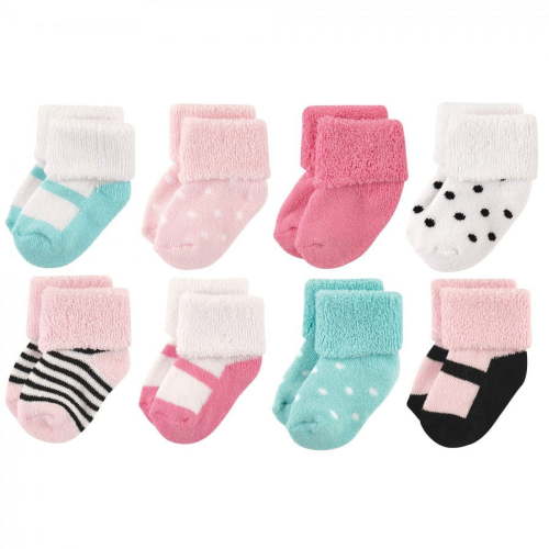 Luvable Friends Baby Girl Newborn and Baby Terry Socks, Mint Pink Mary Janes, 0-6 Months