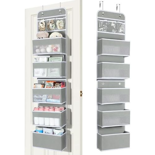 LAMU 6-Tier Over The Door Organizer, Swing - Proof Closet Door Organizer, Flexible 1 Split into 2 Over The Door Storage Organizer for Nursery, Bathroom, Bedroom, Grey, 5 x 14 x 61in