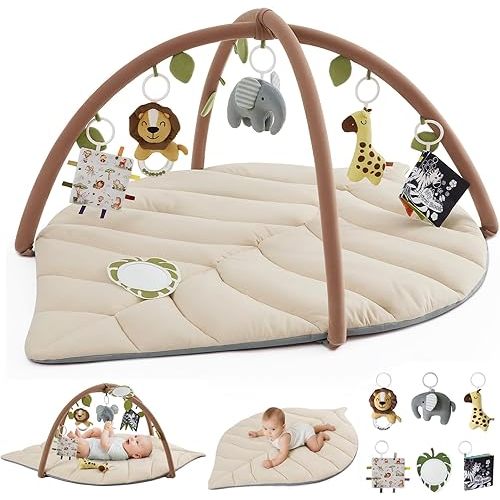 Blissful Diary Baby Play Gym & Activity Mat, Leaf Shaped Baby Tummy Time Play Mat with 6 Detachable Toys, Promotes Motor Skills & Sensory Development, Newborn Baby Essentials Gift, Oatmeal Beige