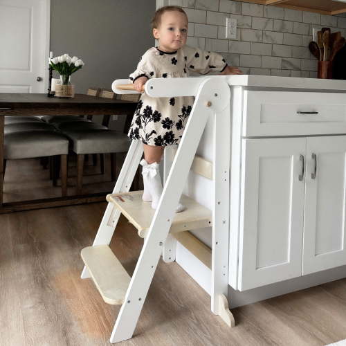 HARPPA Foldable Step Stool for Kids Aged 1-6 Years, Adjustable Height Toddler Kitchen Tower, White