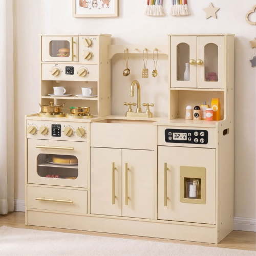 OLAKIDS Kids Kitchen Playset, Wooden Pretend Play Kitchen with Realistic Light Sound 14 Accessories, Toddler Cooking Toy for Boys Girls Aged 3+