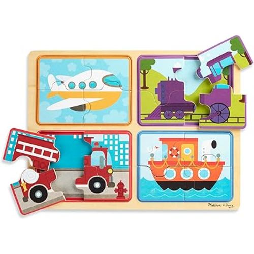 Melissa & Doug Natural Play Wooden Puzzle: Ready, Set, Go (Four 4-Piece Vehicle Puzzles)