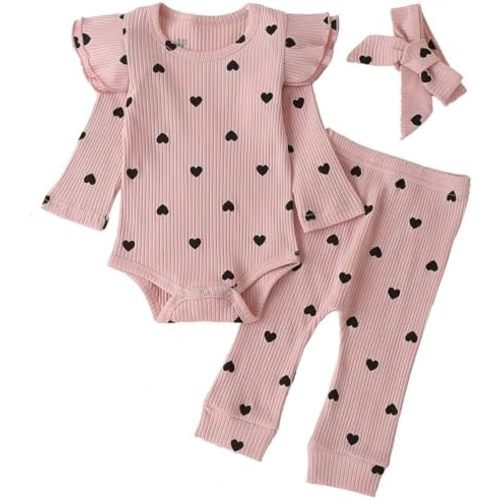 Baby Girl's 3pc Rib Frill Long Sleeve Romper and Pant Set