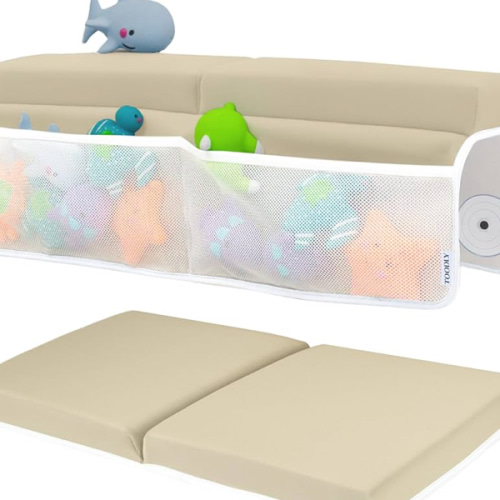 Comfortable Baby Bath Kneeler and Elbow Rest Pad Set – Thick Memory Foam Bath Kneeling Pad with Elbow Support – Baby Bathtub Cushion with Toy Organizer for Bathing Infant or Toddler - Beige