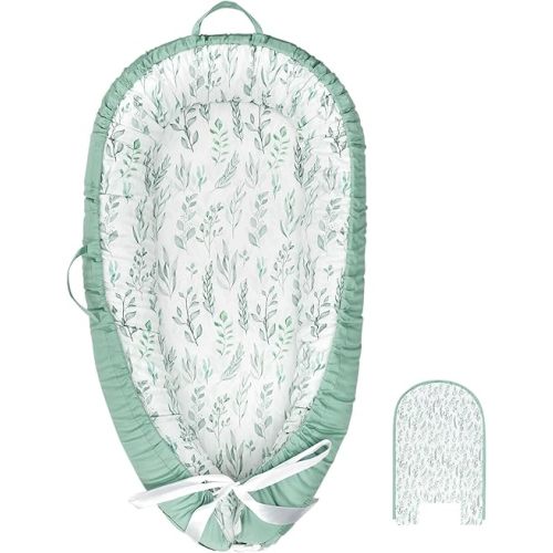 DILIMI Baby Lounger Cover, Cotton Baby Nest Replacement Cover for Girls Boys, Soft Breathable Reversible Newborn Lounger Cover, Green Leaf (Only Cover)