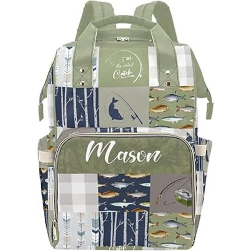 Custom Diaper Bag Backpack for Mom Fishing Personalized Name Large Nappy Nursing Orangizer Mommy Bags, Waterproof Travel Daypack for Dad Mom Gifts