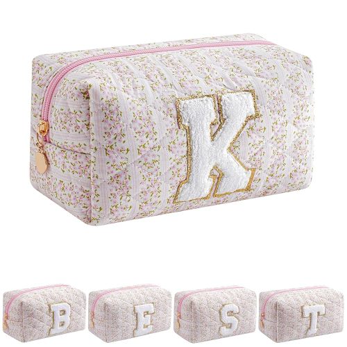 JOVAKIT Alphabet Makeup Bag Cosmetic Bag for Women, Christmas Gifts for Girls Age 6-18, Floral Flowers Coquette Travel Toiletry Zipper Make Up Pouch Organizer Trendy Stuff (Pink Floral K)