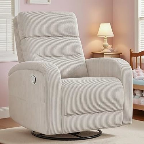Swivel Recliner Chair for Adult, Upholstered Rocker Recliner Glider for Nursery, Manual Comfort Rocking Recliners for Living Room, Bedroom, Corduroy Camel