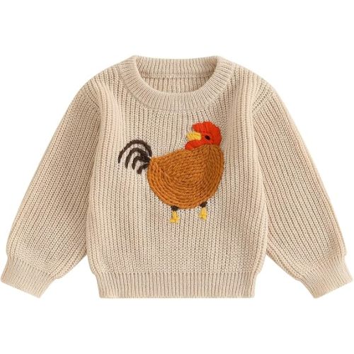 Toddler Baby Girl Boy Knit Sweater Rooster Embroidery Western Country Sweatshirt Oversized Tops Fall Winter Clothes