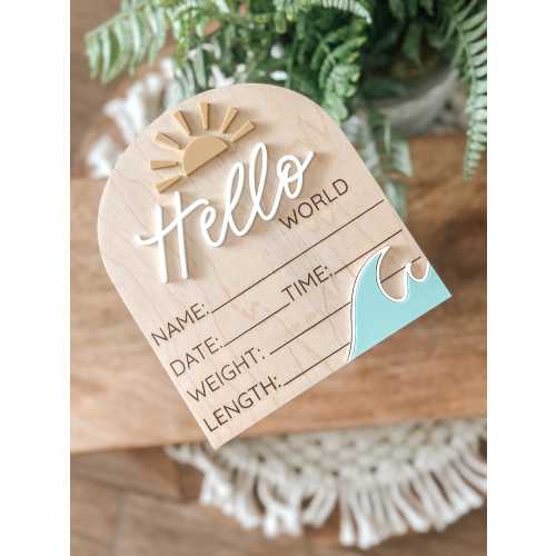 Hello World Birth Stats Board, Baby Name Announcement, Birth Announcement, Name Sign, Baby Name Sign, Ocean, Waves, Nautical, Sun, Beach