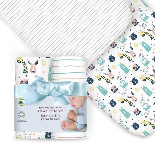 100% Organic Cotton Fitted Travel Crib/Playard Sheets for Guava Lotus, BabyBjorn, Dream on Me, Baby Joy, Chicco, Pamo Babe and All Other 24" x 42" Pads/mattresses. 4 Safety Strap Holes. 2 Pk Boy, Girl - Animal Faces/Stripes
