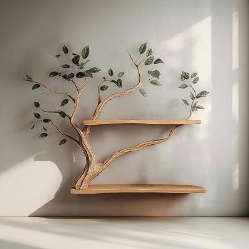 Walnut Floating Shelves Wall Mounted, Handmade Tree Branch Bookshelf Rustic Natural Wood Decor for Living Room, Housewarming Gift (Walnut Wood, 32" W x 12" D)