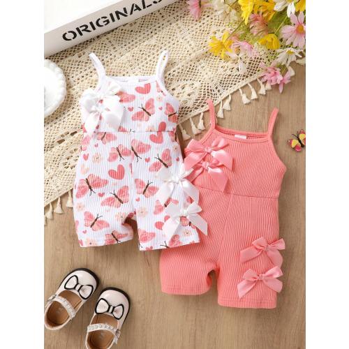2pcs/Set, Baby Girl, Casual Fashion Elegant Cute, Soft And Comfortable, Bow Decor Butterfly Print Solid Color Ribbed Tank Top Romper, Baby Girl Clothing, Toddler Girl Clothing, Newborn Baby Girl Clothing, Mother-Daughter Matching, Suitable For Summer Dail