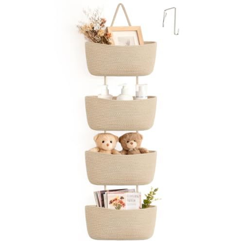 Dahey Over The Door Hanging Basket Storage 4-Tier Woven Wall Basket, Jute | Space-Saving, Hook Fits 1.77" Door, Widely Boho Nursery Organizer for Bathroom Bedroom Dorm Decor, Detachable Adjustable Rope