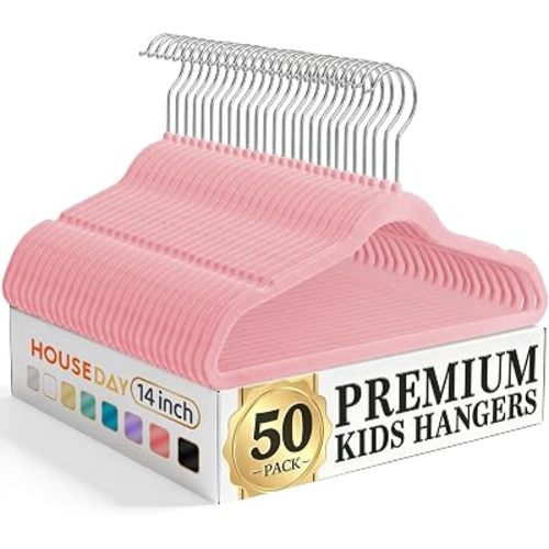 HOUSE DAY 14 Inch Kids Velvet Hangers 50 Pack, Durable Big Kid Hanger Pink