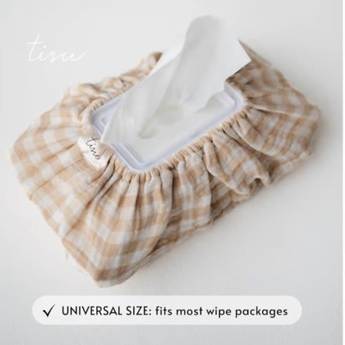 Baby Wipes Cover – Universal Size, One Size Fits All Wipes Packages | Muslin Cotton Tissue Cover for Nursery, Diaper Bag & Changing Table, Station | Gingham & Neutral Patterns (Beige Gingham)