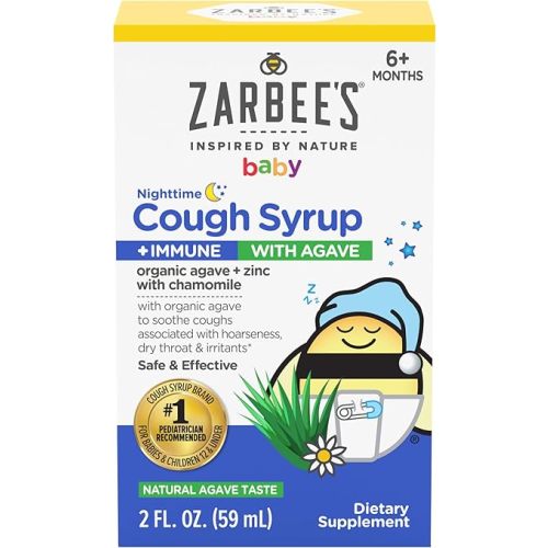 Zarbee's Baby Nighttime Cough Syrup + Immune, Baby Cough Syrup, Organic Agave + Zinc & Chamomile, No Drugs or Artificial Flavors, Natural Agave Taste, 2 fl. oz