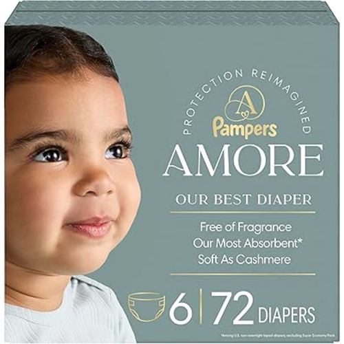 Pampers Amore, Size 6 (23-44 lbs), 72 Count, Our Best Diaper – Hypoallergenic & Fragrance Free, Up to 100% Leakproof, Soft as Cashmere