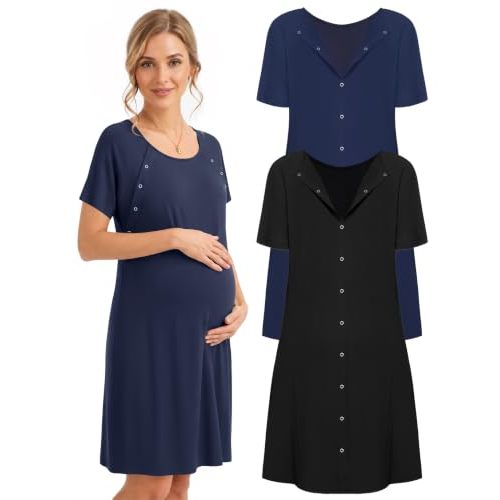 2 Pack Labor and Delivery Gown 3 in 1 Maternity Nursing Hospital Nightgown | Button Down Breastfeeding Nightgown, Lightweight Open Back Birthing Gown, Short Sleeve Round Neck Gown, Best Gift for Mom